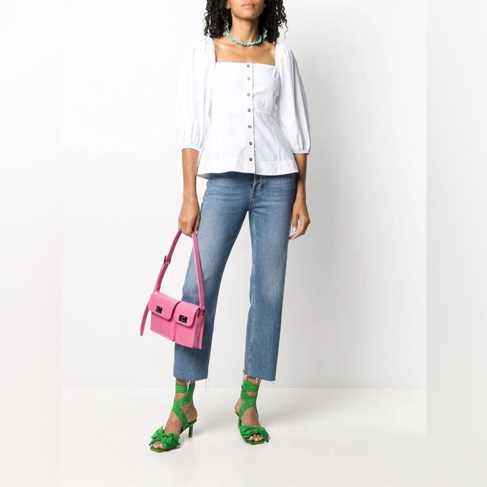 GANNI White Puff Sleeve Poplin Blouse White in Size 40/ US Size 8